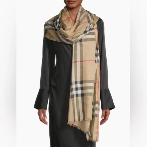 Burberry Check Wool-Silk Scarf, Archive Beige, OneSize - Picture 1 of 9